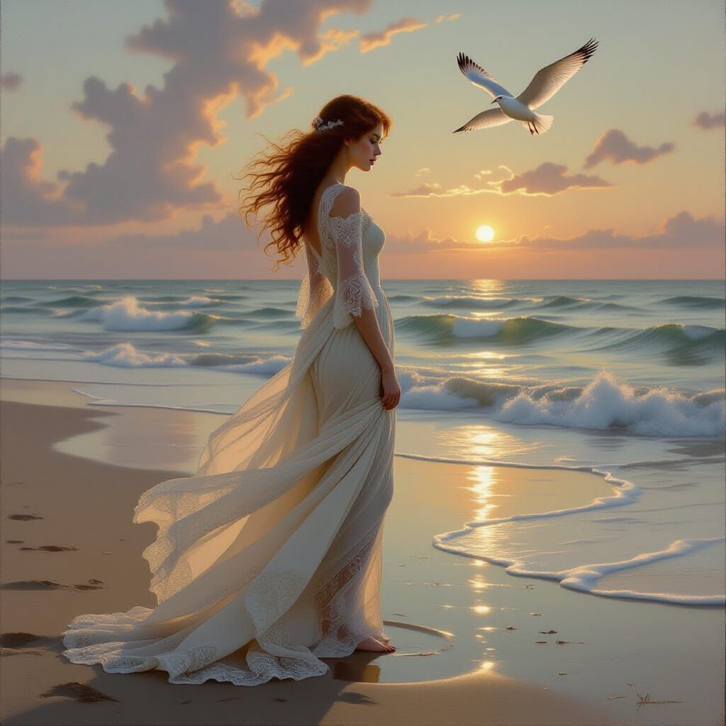 Woman in Lace Gown on Twilight Beach