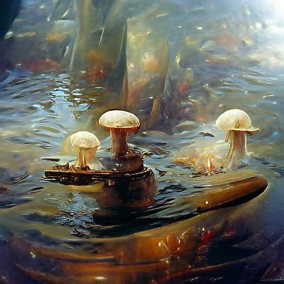 Underwater Mushrooms in Oil Painting Style