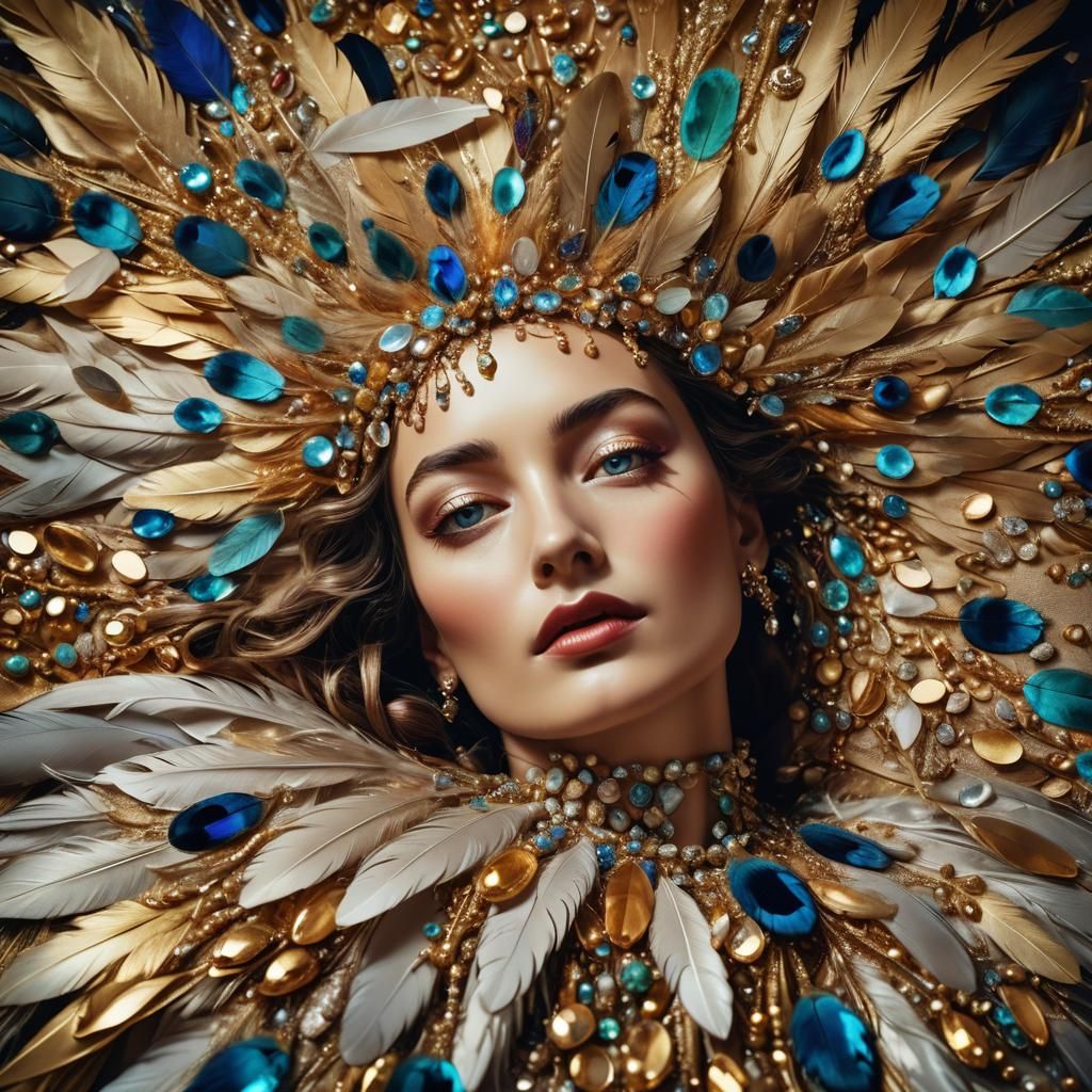 Surreal Woman in Jewels and Feathers: Oil Painting