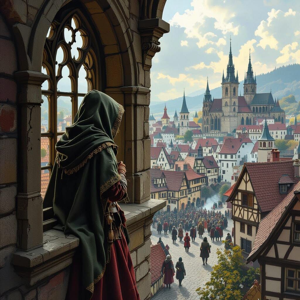 Girl Spy in Gothic Window Overlooking Bohemian Town