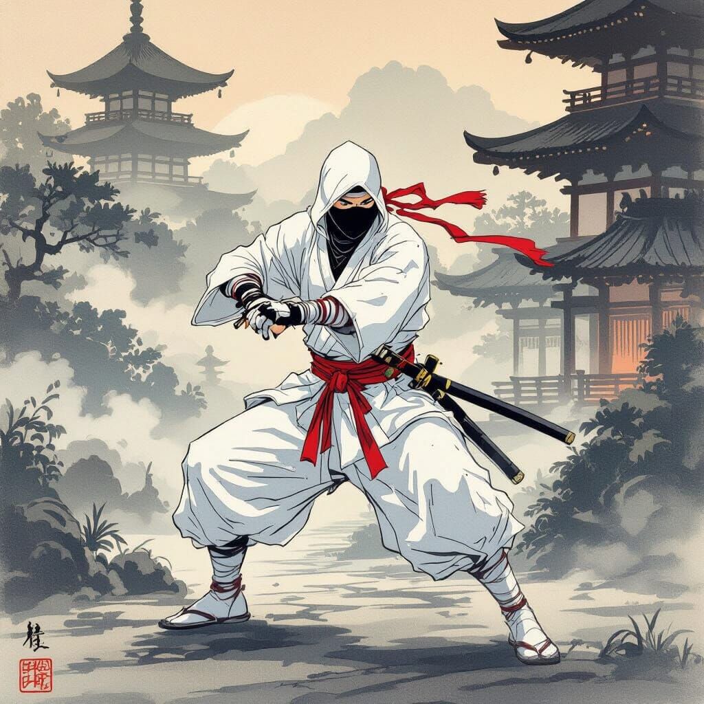 White Ninja in Ancient Temple Garden Ukiyo-e Style