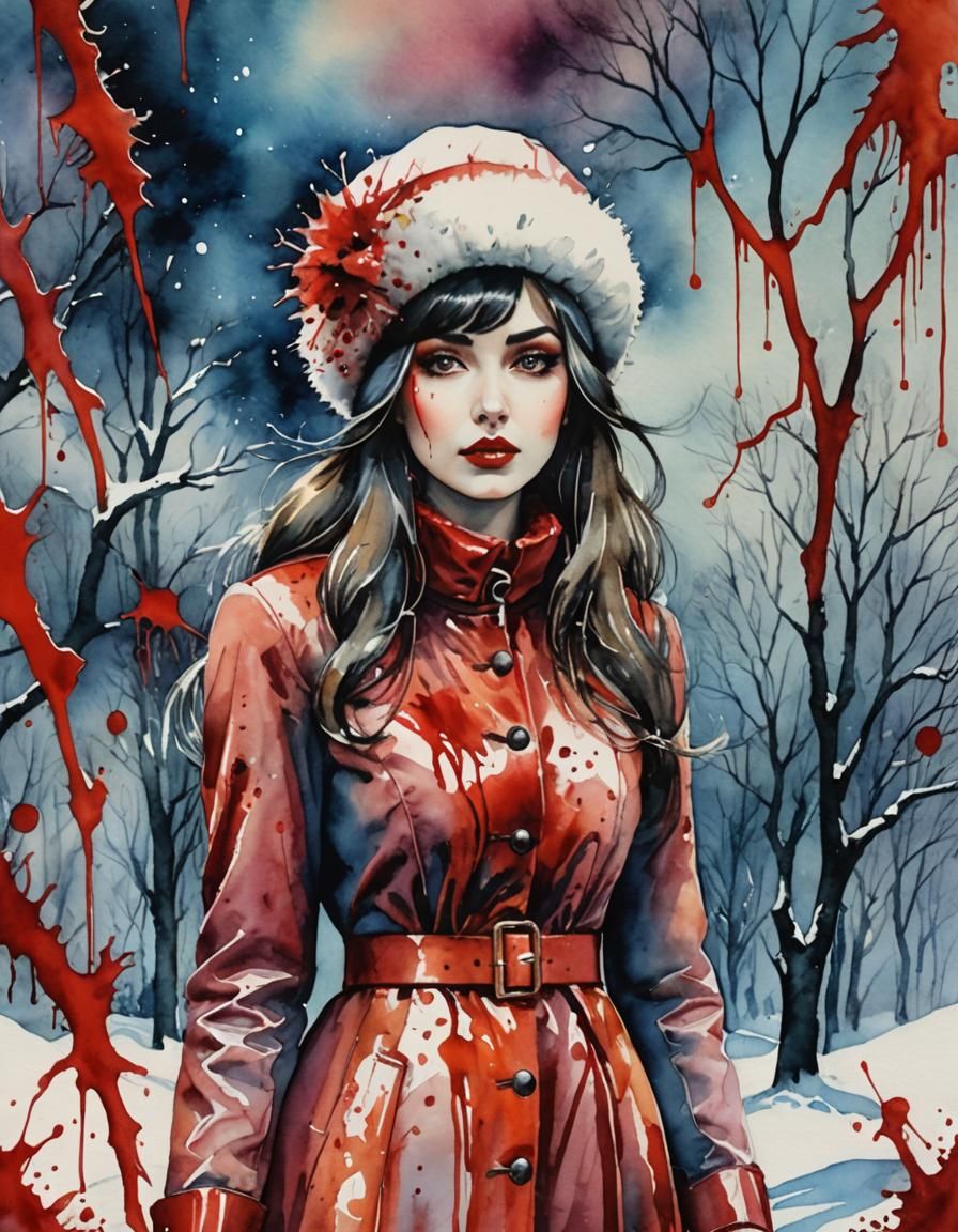 Watercolor Portrait: Woman in Fur Hat, Surreal Winter