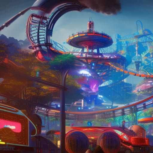 Futuristic Amusement Park: Detailed Fantasy Concept Art