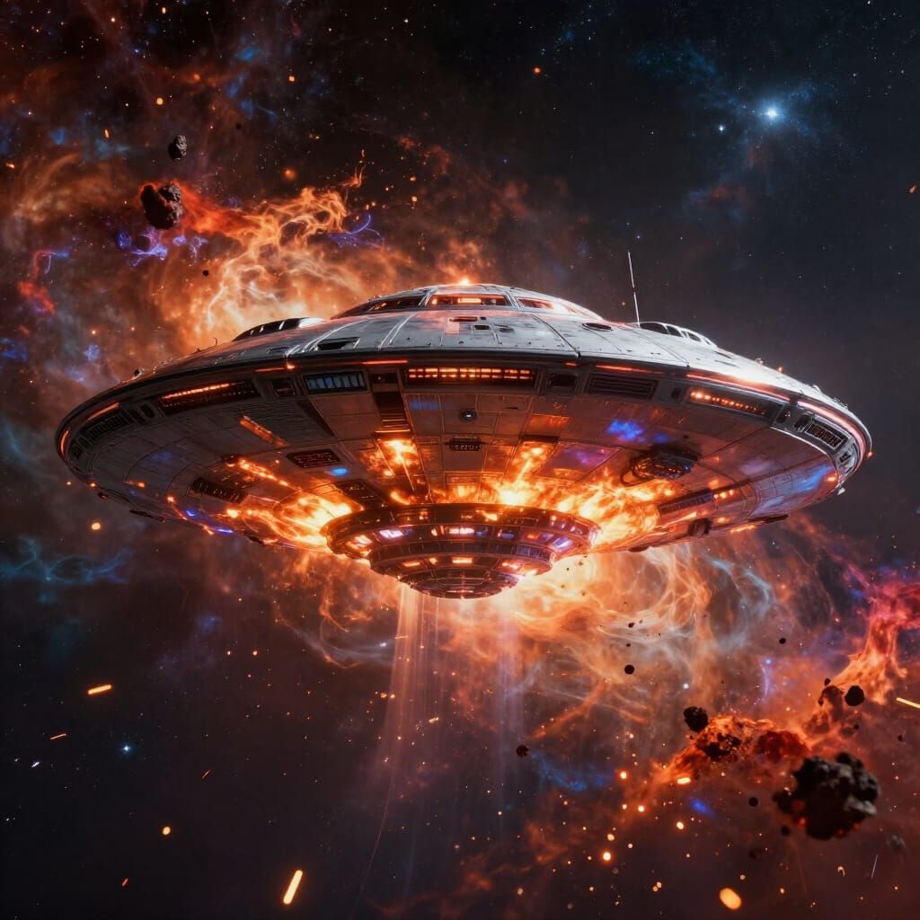 Colossal Futuristic UFO Spaceship in Cosmic Plasma