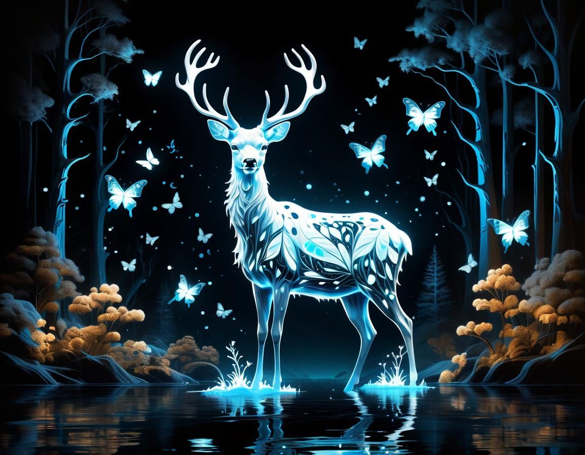Bioluminescent Deer in Enchanted Forest, 3D Digital Art