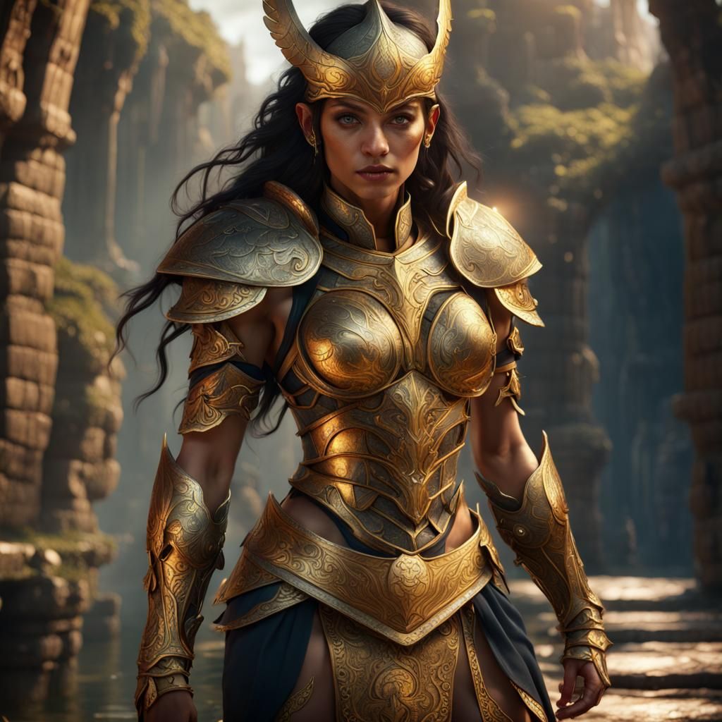Amazon Warrior in Gold Armor: Detailed Matte Painting
