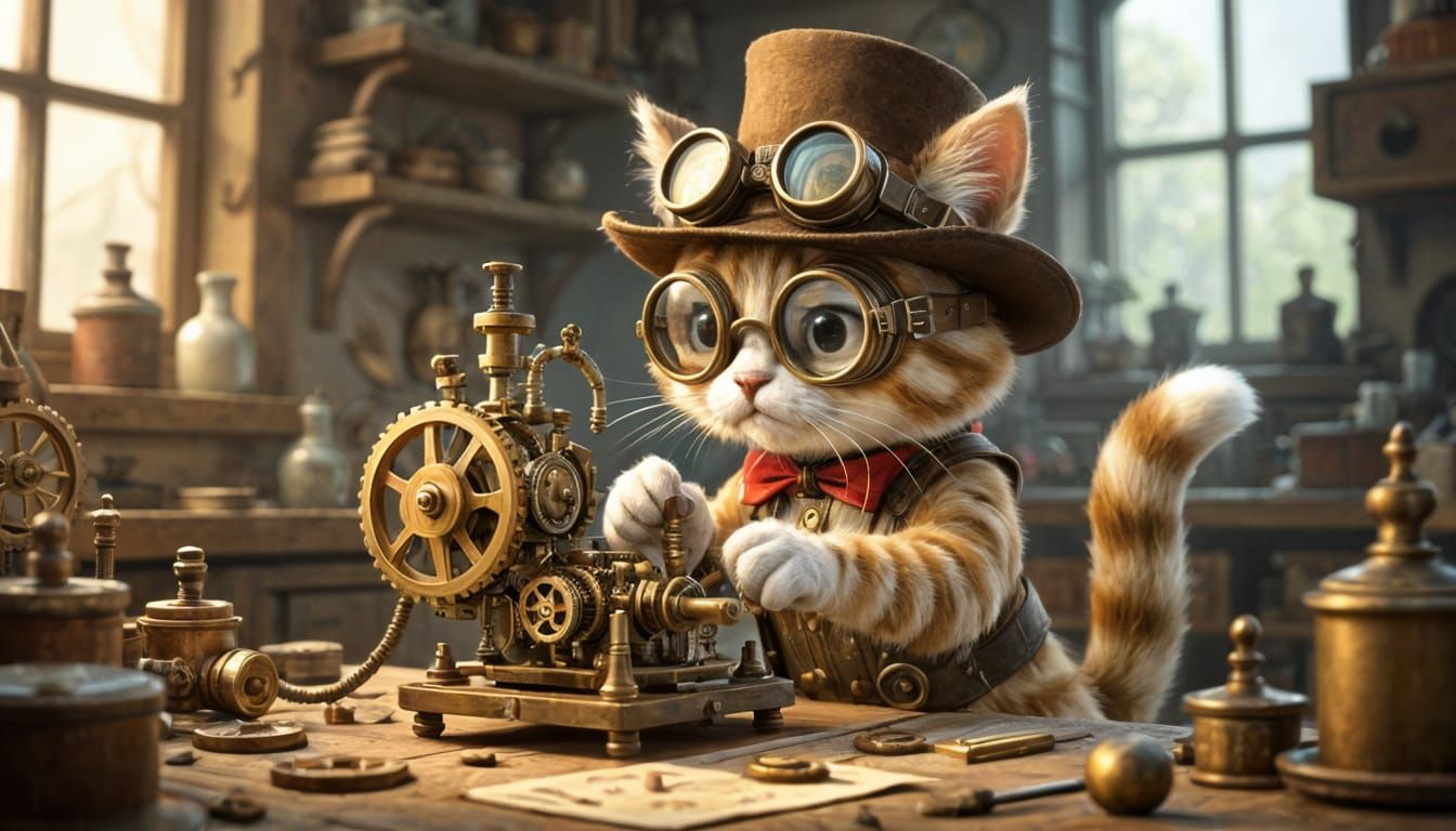 Whimsical Cat Tinkerer in Steampunk Workshop