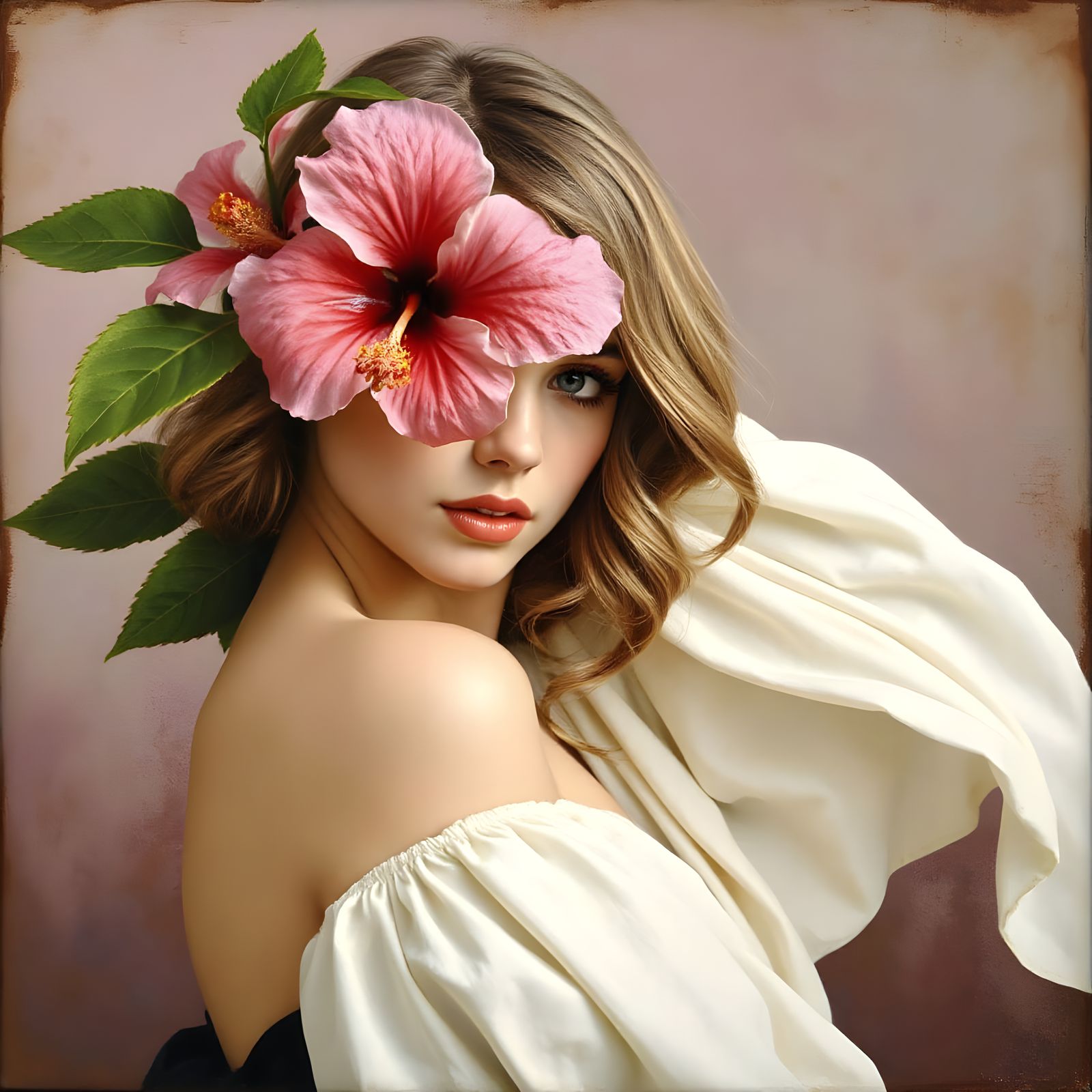 Elegant Woman with Hibiscus Flowers, Art Nouveau Style