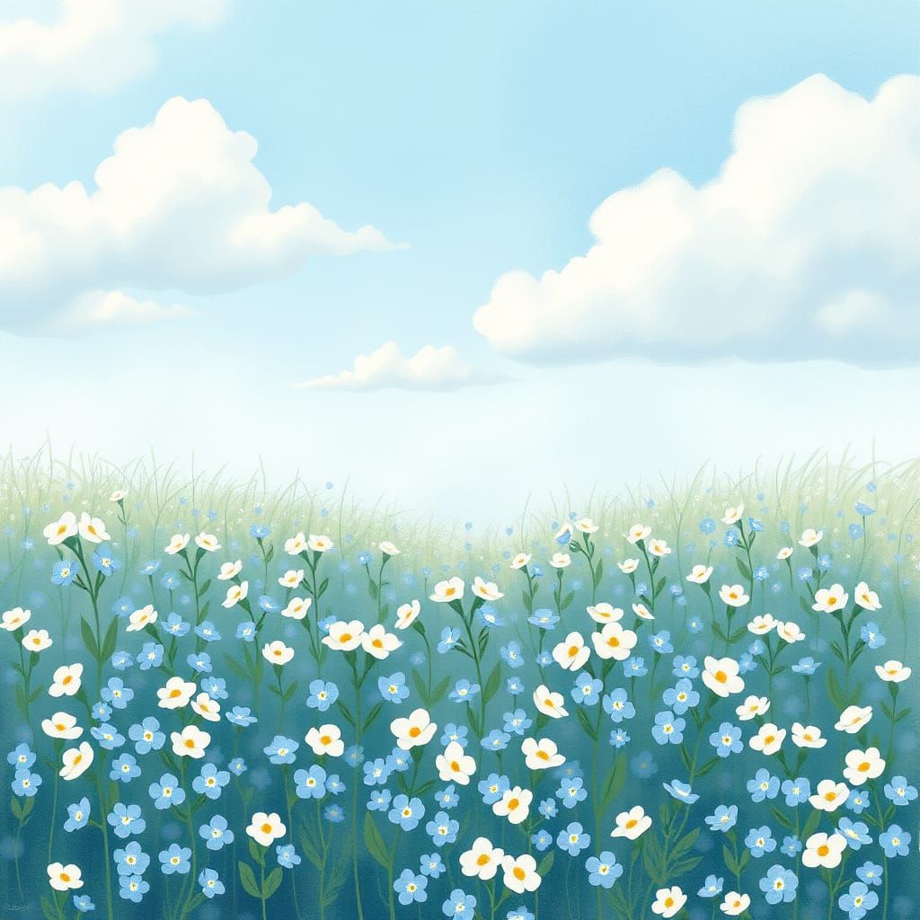 Surreal Sky Blue Landscape with Forget-Me-Not Flowers in Wat...