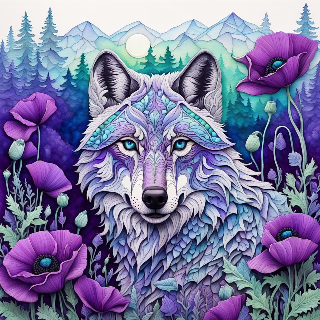 Majestic Wolf: Portrait Among Purple Poppies
