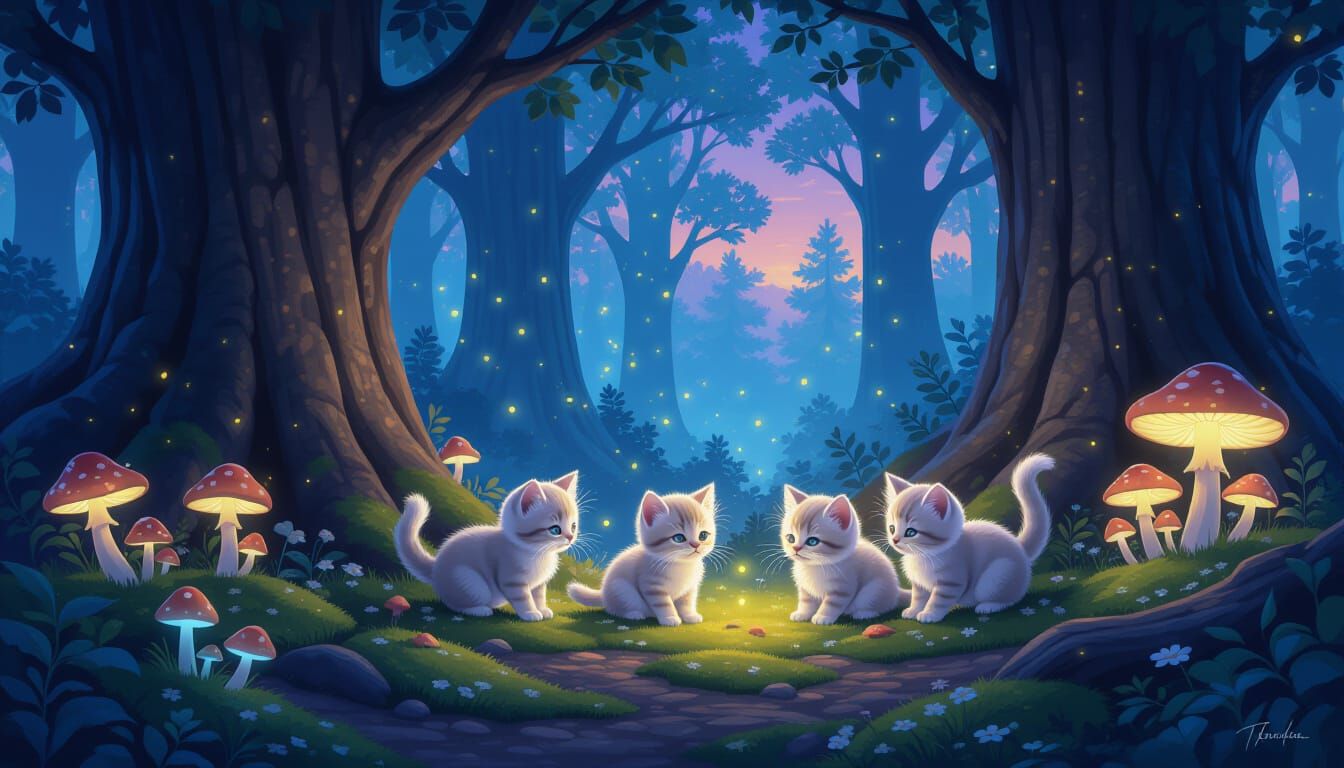 Bioluminescent Kittens in Enchanted Forest