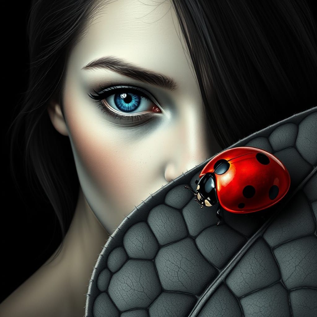 Lady and Ladybug: Hyperdetailed Grayscale Pencil Art