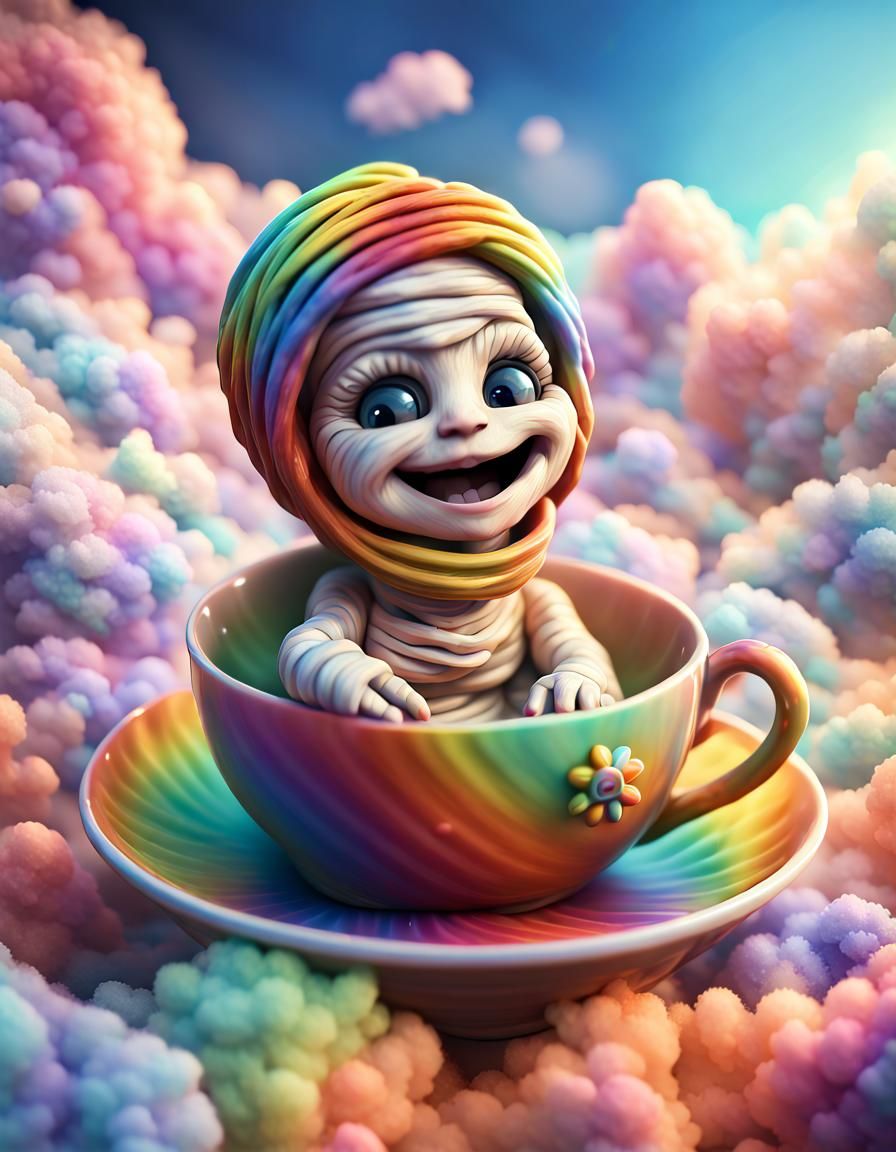 Adorable Mummy in Teacup Floating on Rainbow Clouds