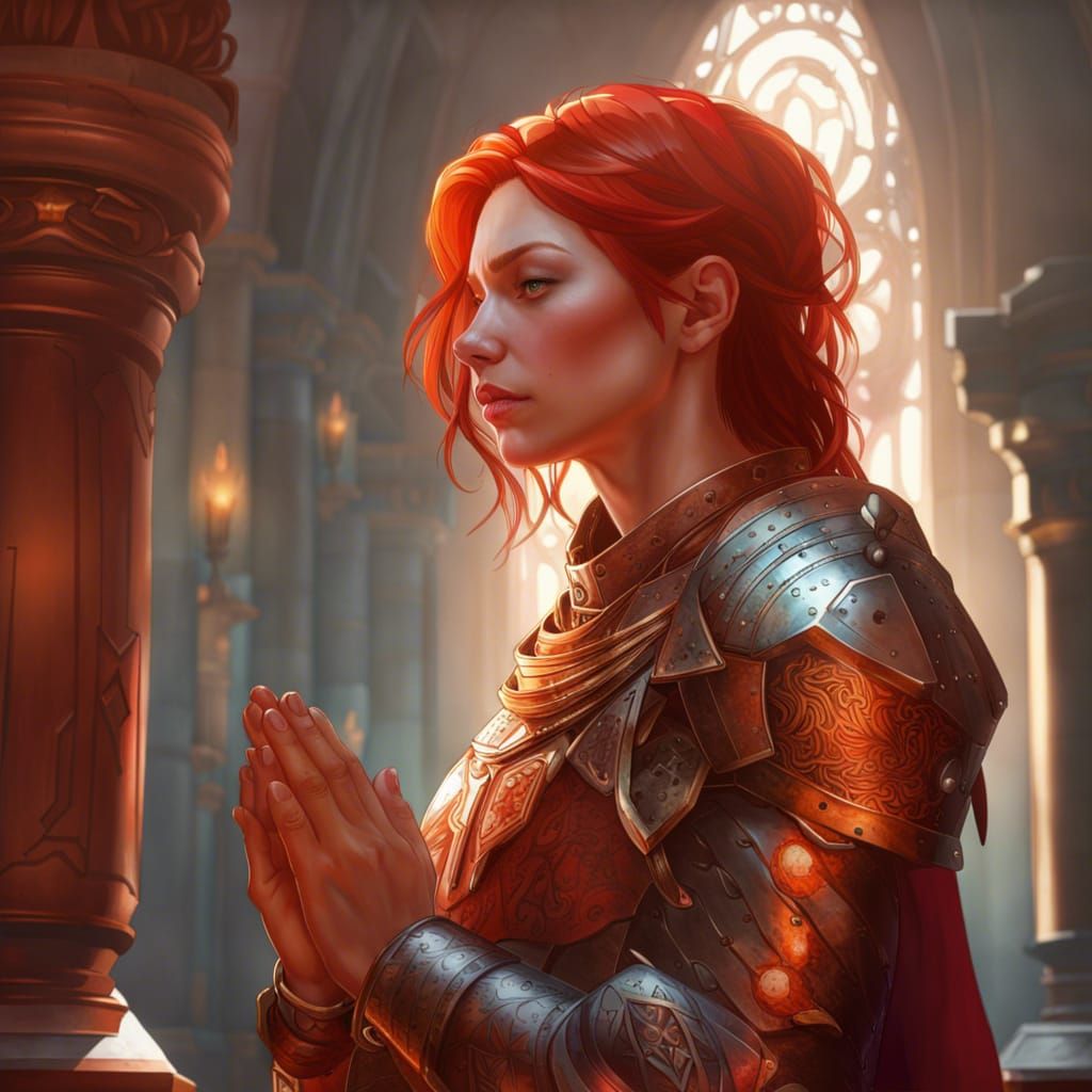 Armored Redhead Praying: Hyperdetailed Concept Art