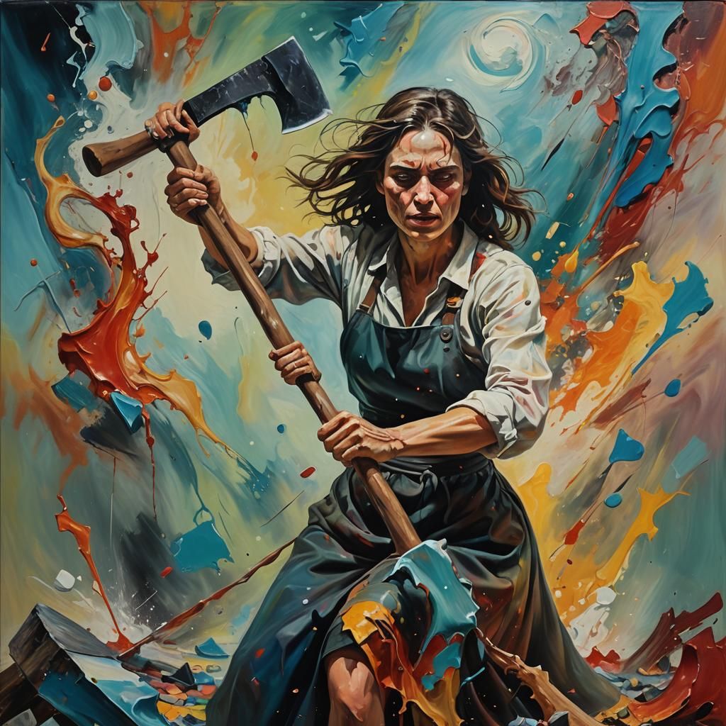 Surreal Woman with Axe in Dreamlike Oil Painting