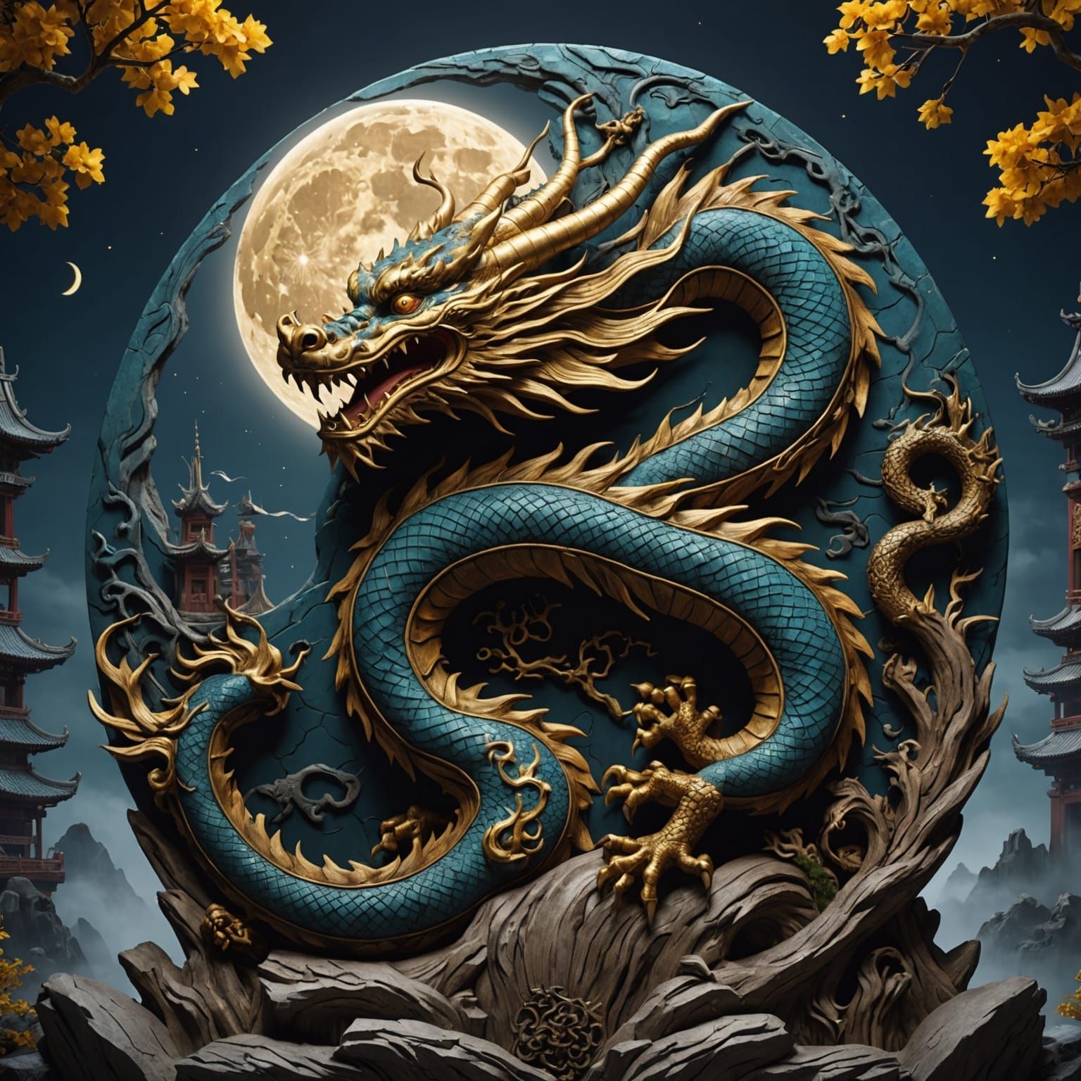 Chinese Dragon Wood Carving Under the Moon