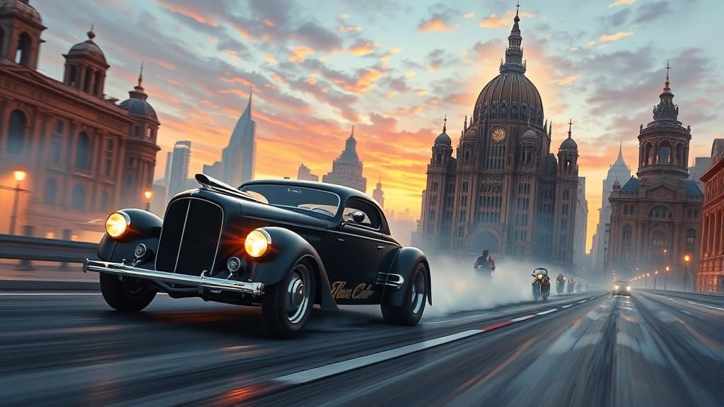 Vintage Hot Rod in Escher Cityscape, Gurney Style