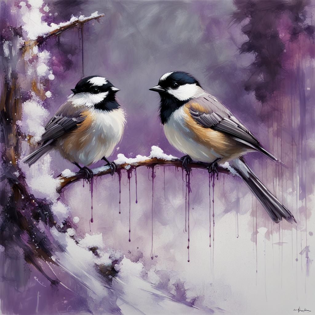 Chickadees on Snowy Branch in Textured Speedpaint Style