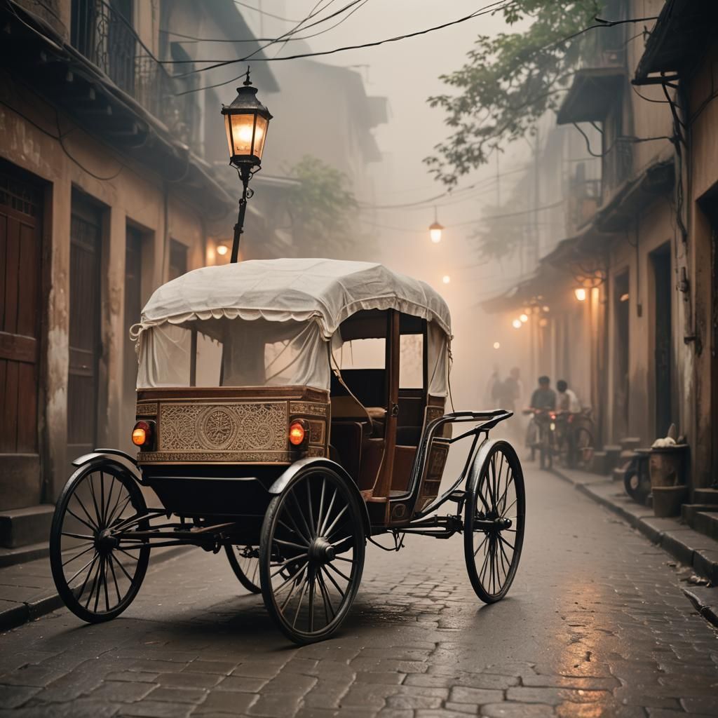 Nostalgic Rickshaw in Misty Alleyway: Cinematic Still