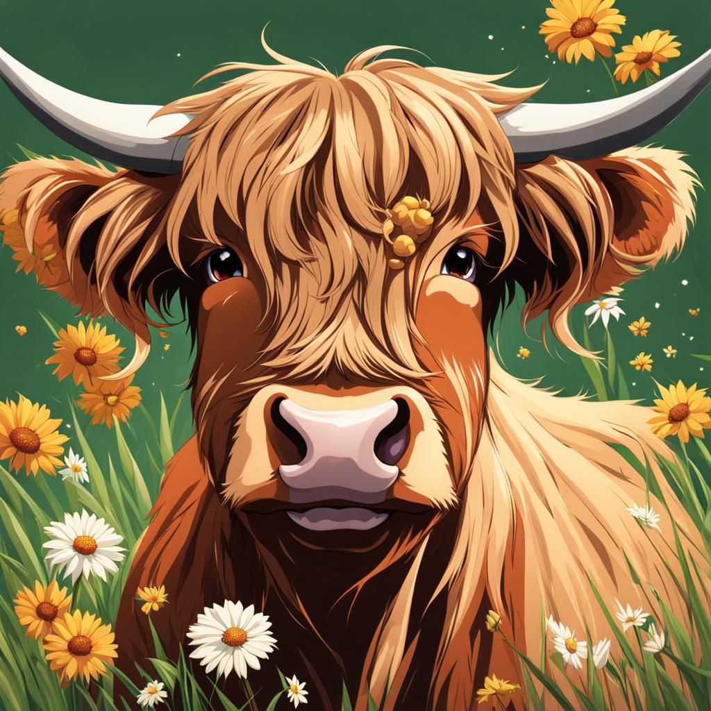 Highland Cow with Flowers in Anime Style