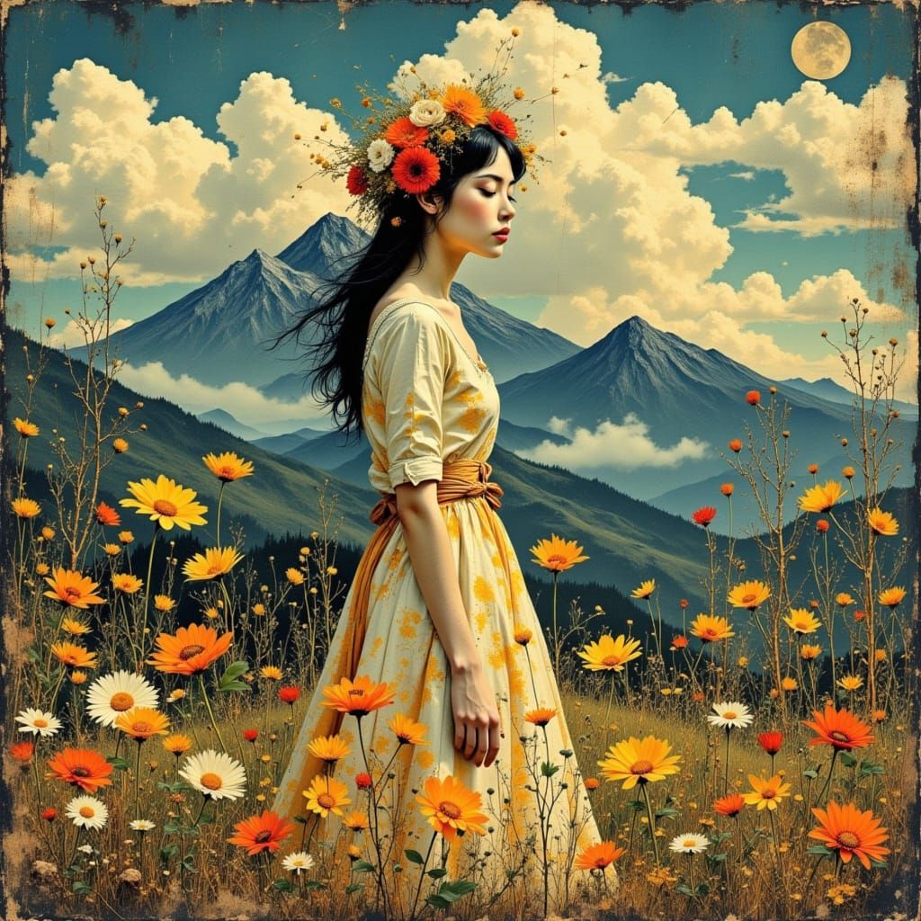 Elegant Woman in Mountains, Art Nouveau Style