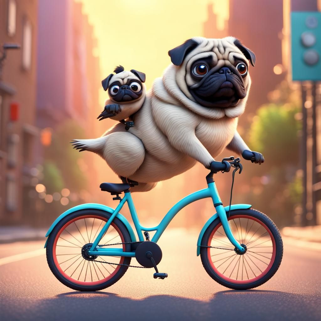 a bird riding a pug riding a bicycle