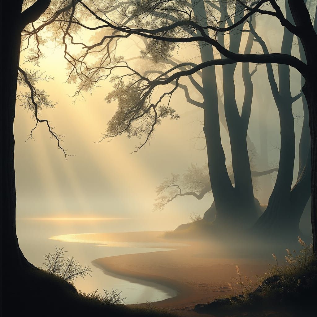 Mist-Shrouded Forest at Dawn: Ethereal Oil Painting