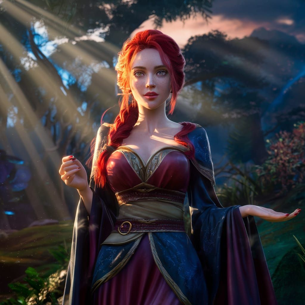 Red-Haired Woman in Mystical Forest at Dusk