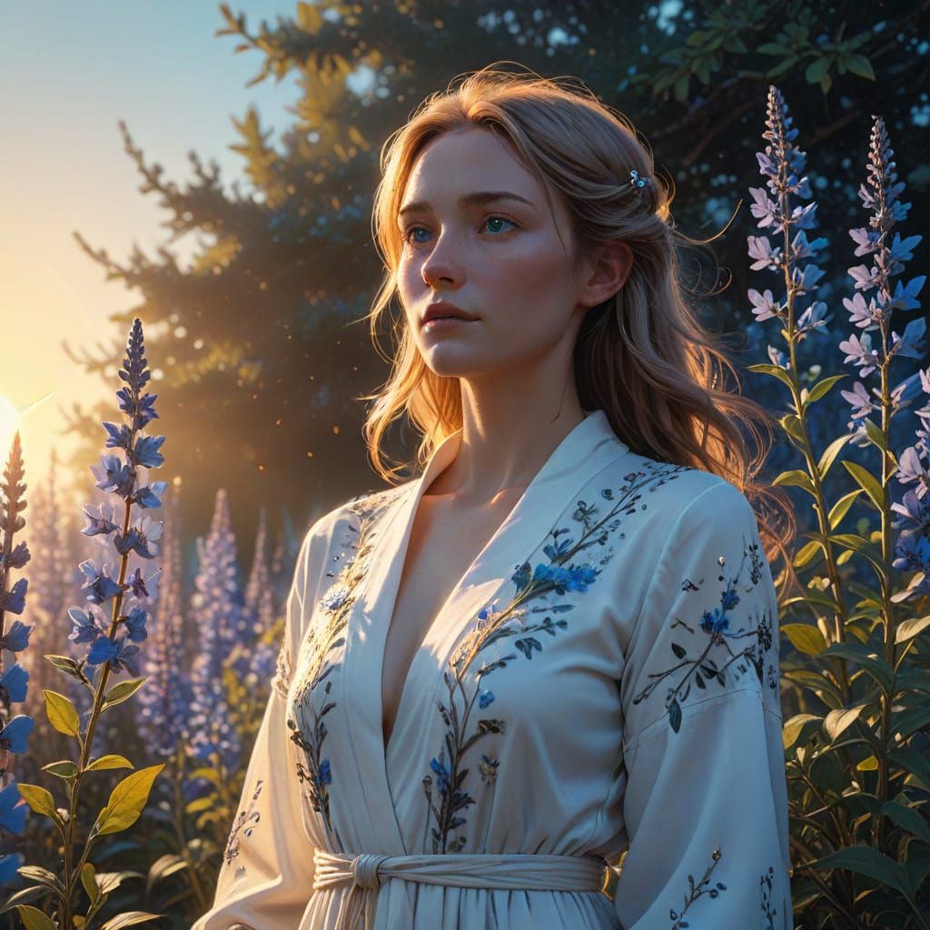 Surreal Paradise Goddess in Azure Wildflower Garden