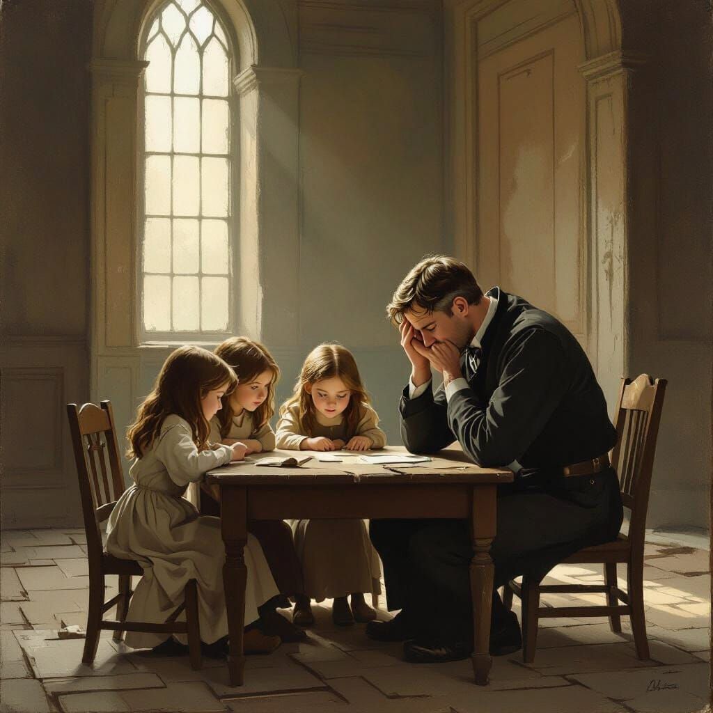 Children's Storybook Hall: Father and Daughters in Muted Ton...