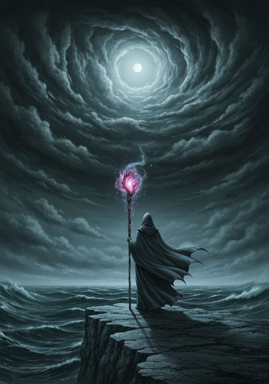 Gothic Shaman Overlooking Stormy Sea in Manga Style