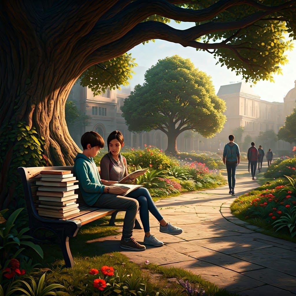 College Garden Study Session in High Fantasy Style