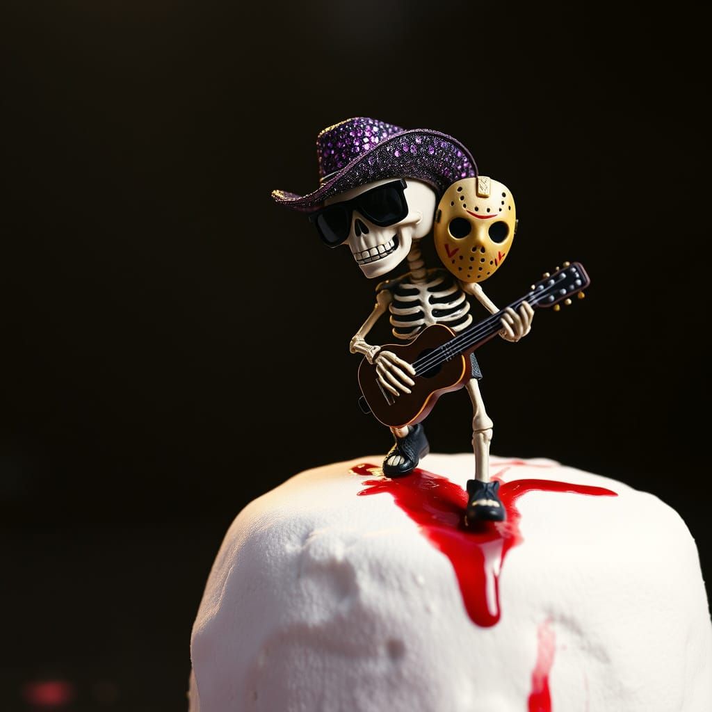 Skeletal Cowboy Teeters on Marshmallow Amidst Dark Cinematic...