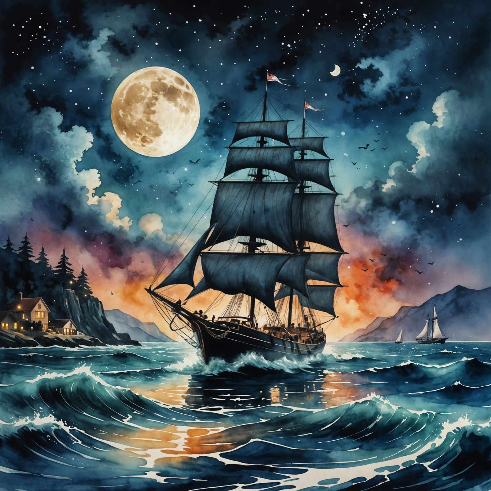 Sailboat at Night: Vintage Watercolor and Ink Painting