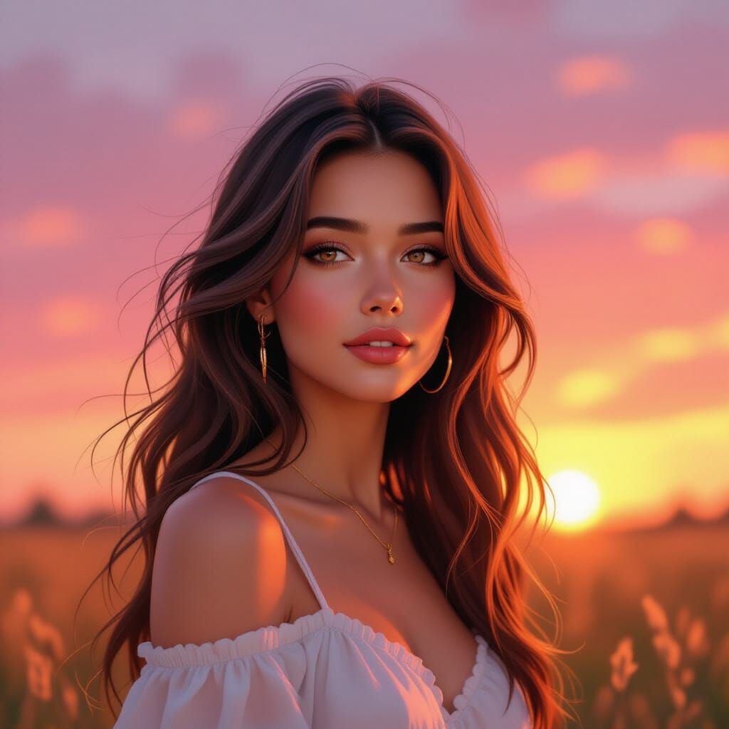 Golden Hour Girl in Meadow: Hyperdetailed Art Nouveau Portra...