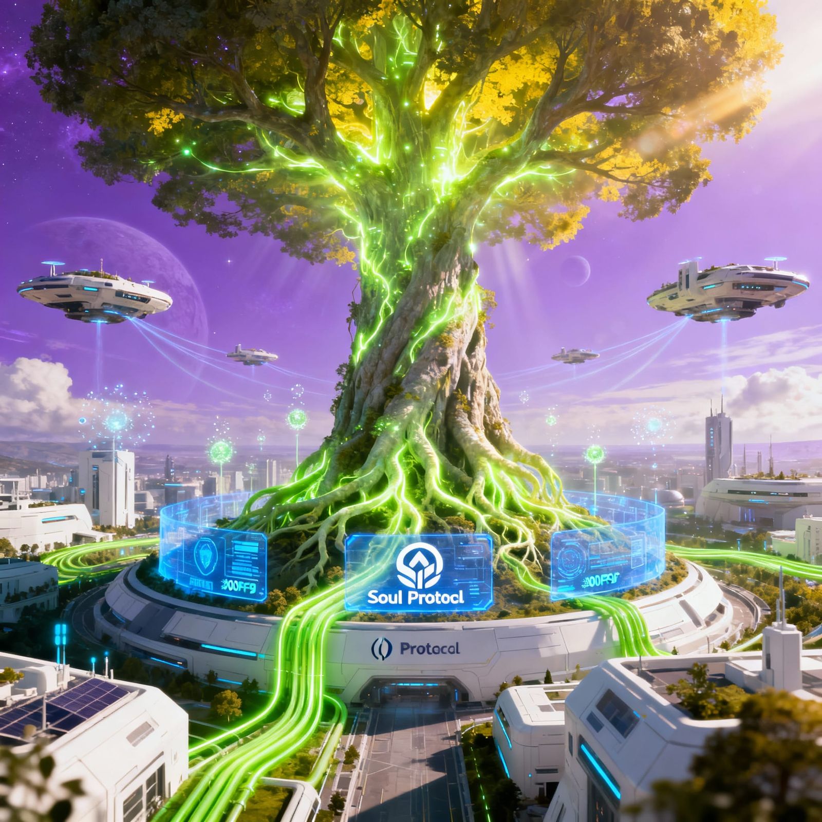 Bioluminescent Tree in Futuristic City with Green Energy