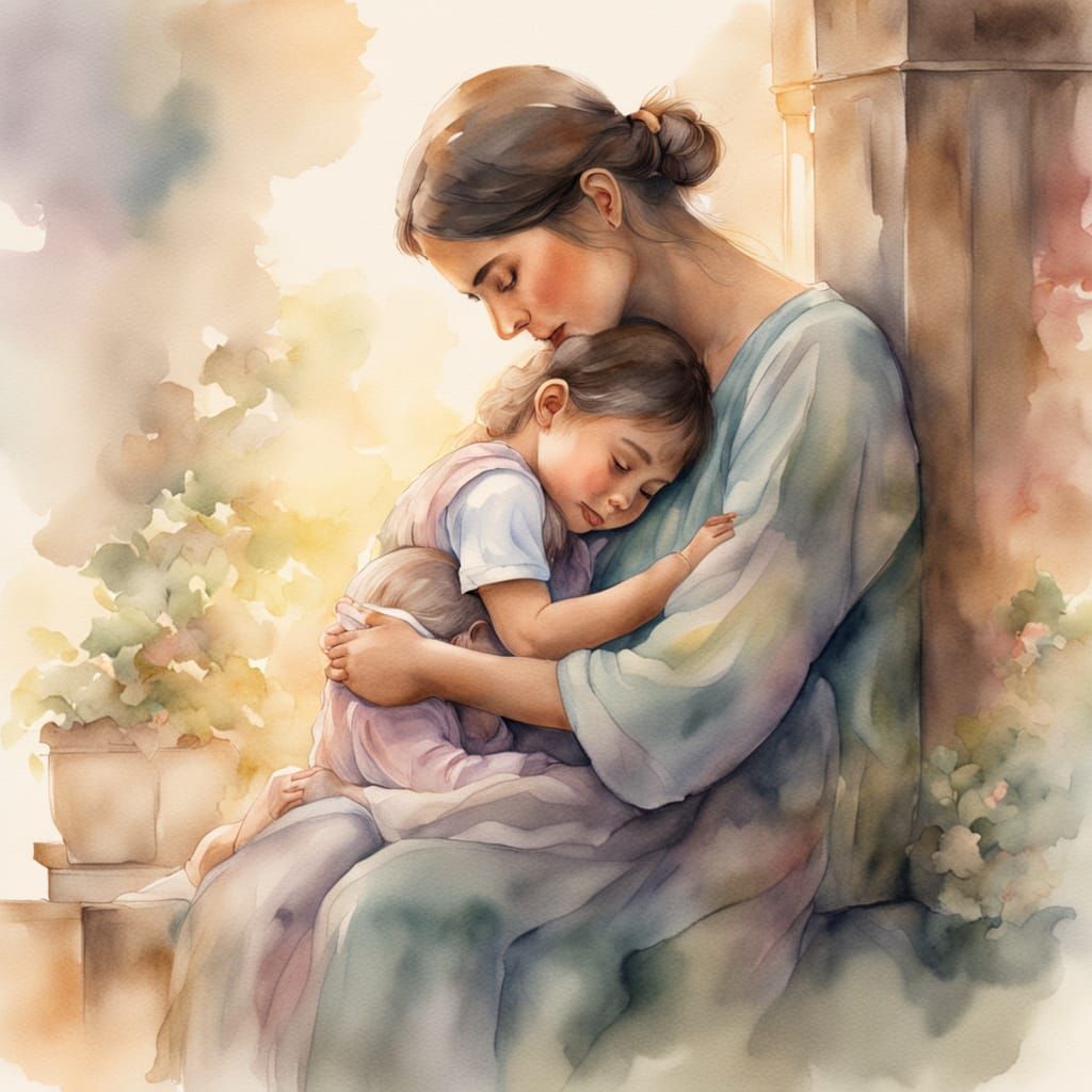 Mother and Child Embrace in Tender Watercolor Art