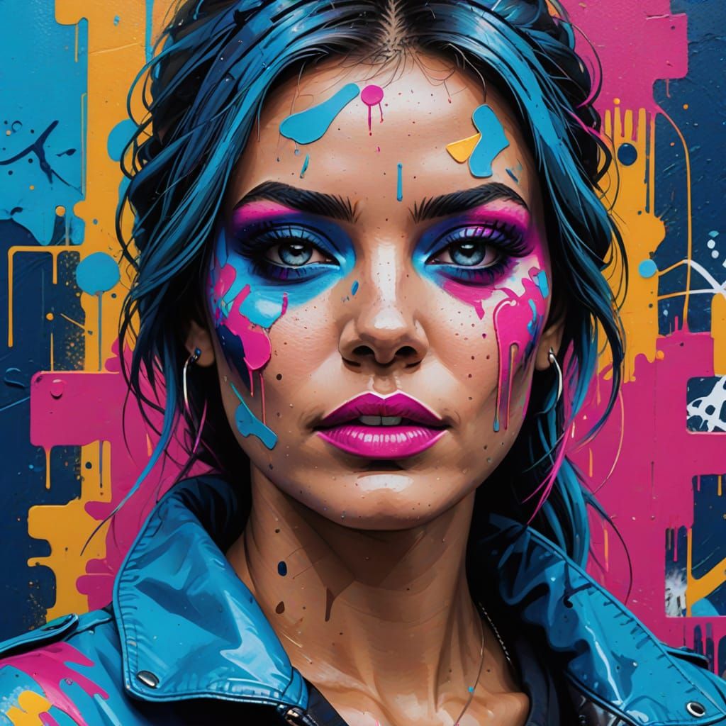 Vibrant Street Art Portrait in Bold Colors and Abstract Back...