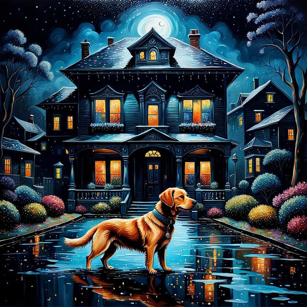 Abstract Watercolor Dog Guarding House