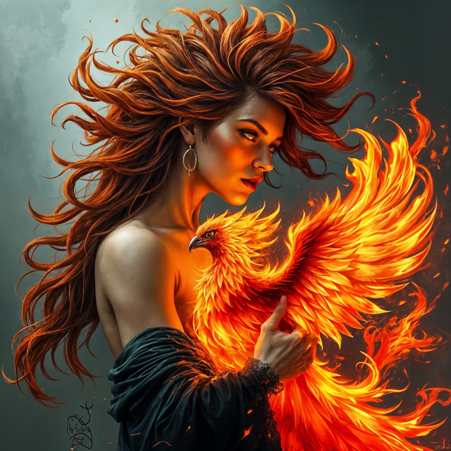 Vibrant Digital Painting of a Fierce Woman and Blazing Phoen...