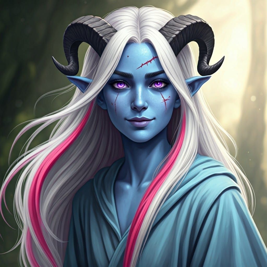 Tiefling Cleric Portrait with Blue Skin and Broken Horns