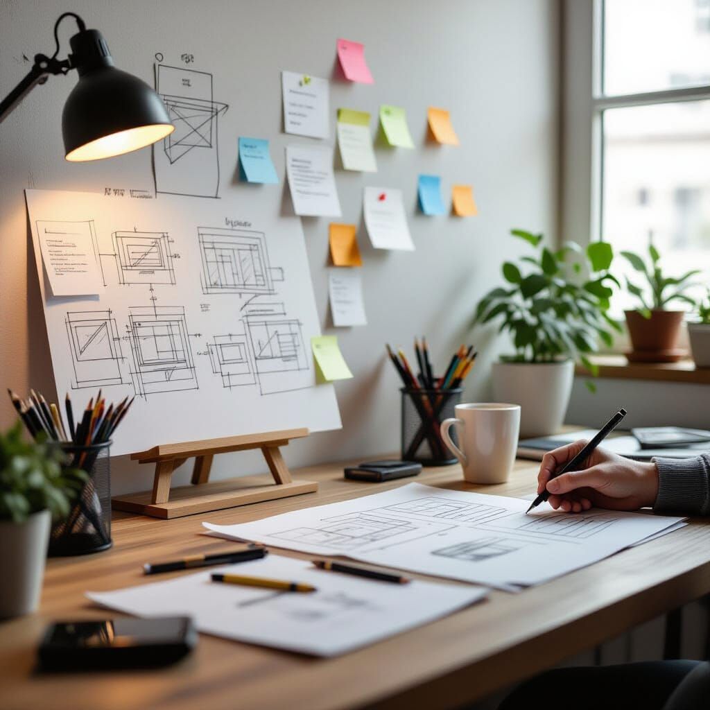 Creative Workspace with Flowing Ideas and Soft Light