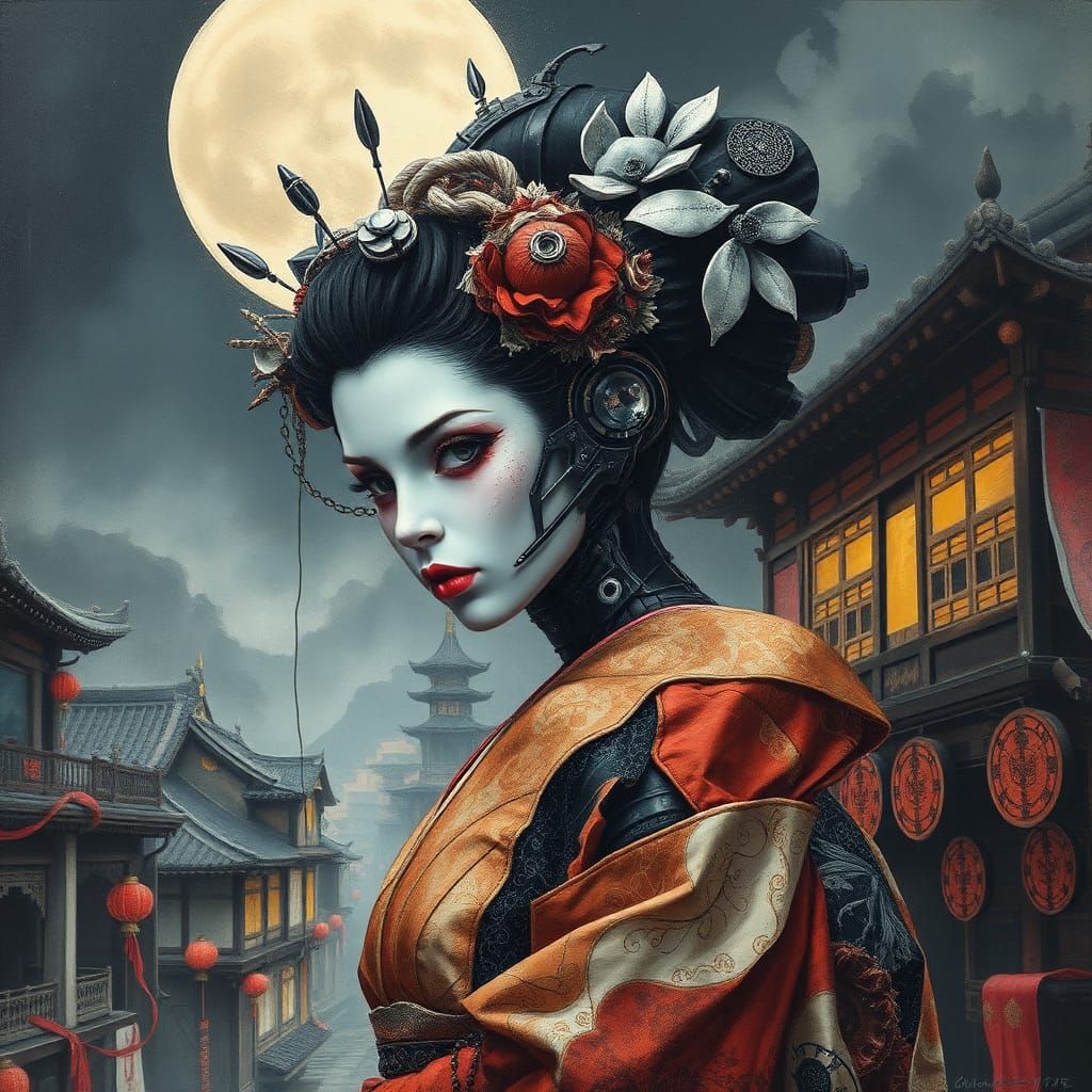 Cybernetic Geisha in Surreal Art Deco Japanese Cityscape