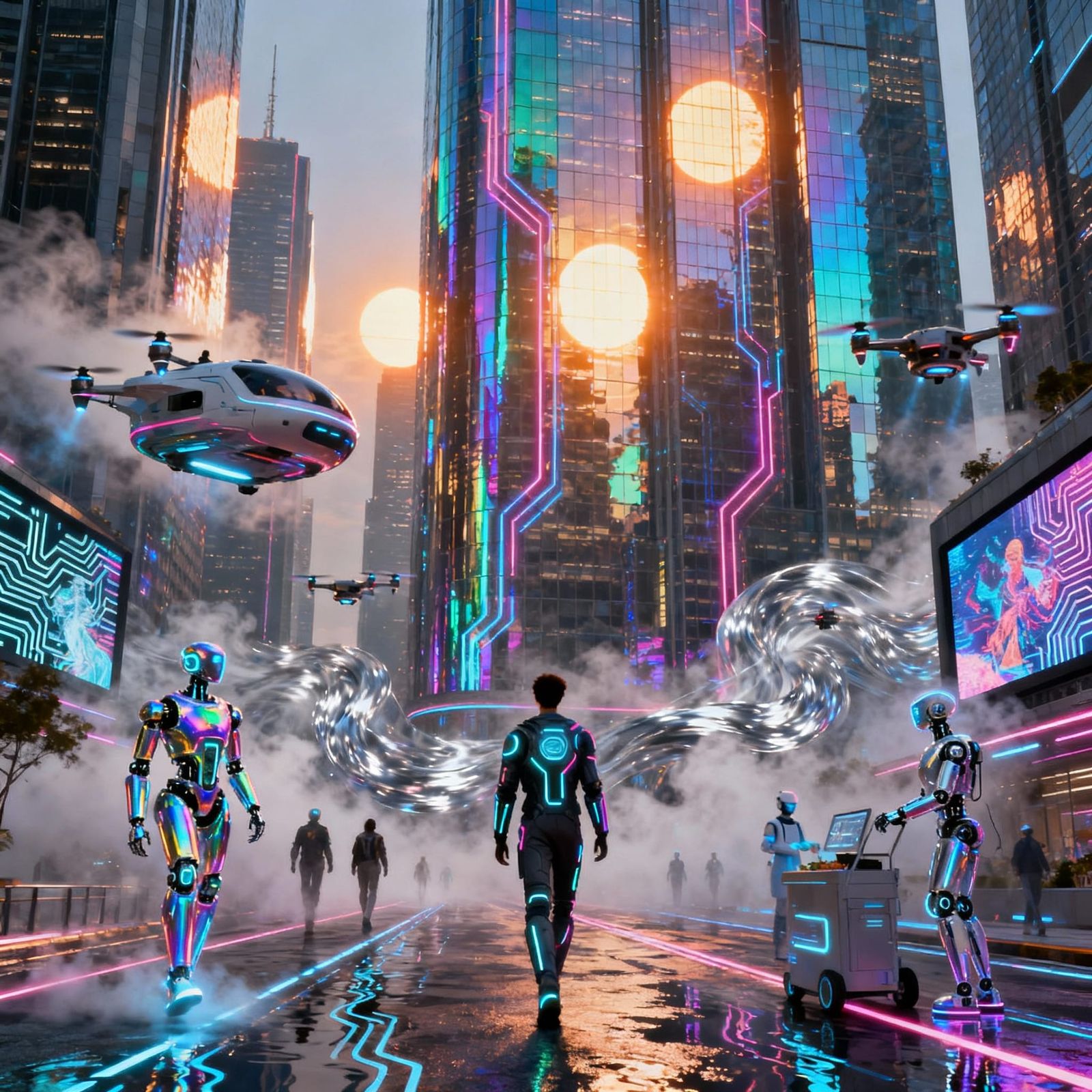 Futuristic 23rd Century Cityscape with Robots