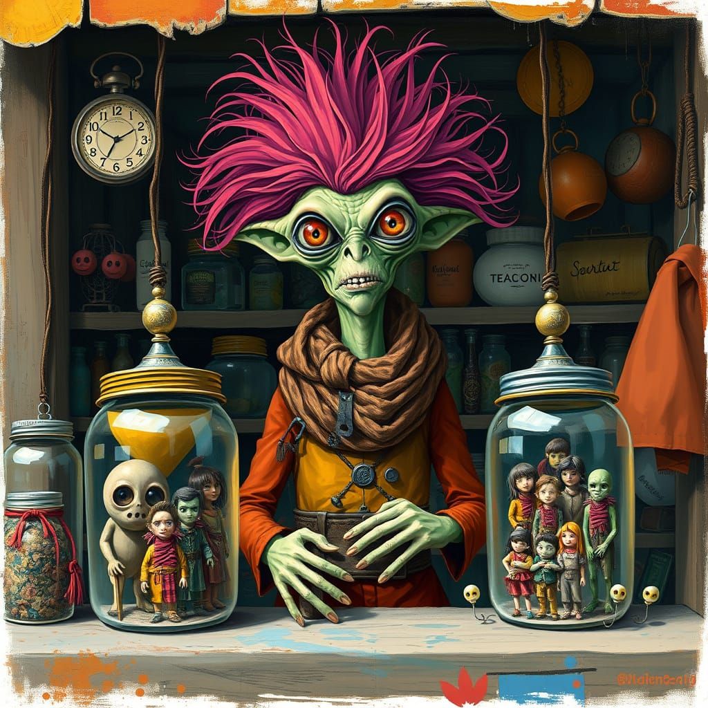 Alien Vendor at Market Stall in Whimsical Style