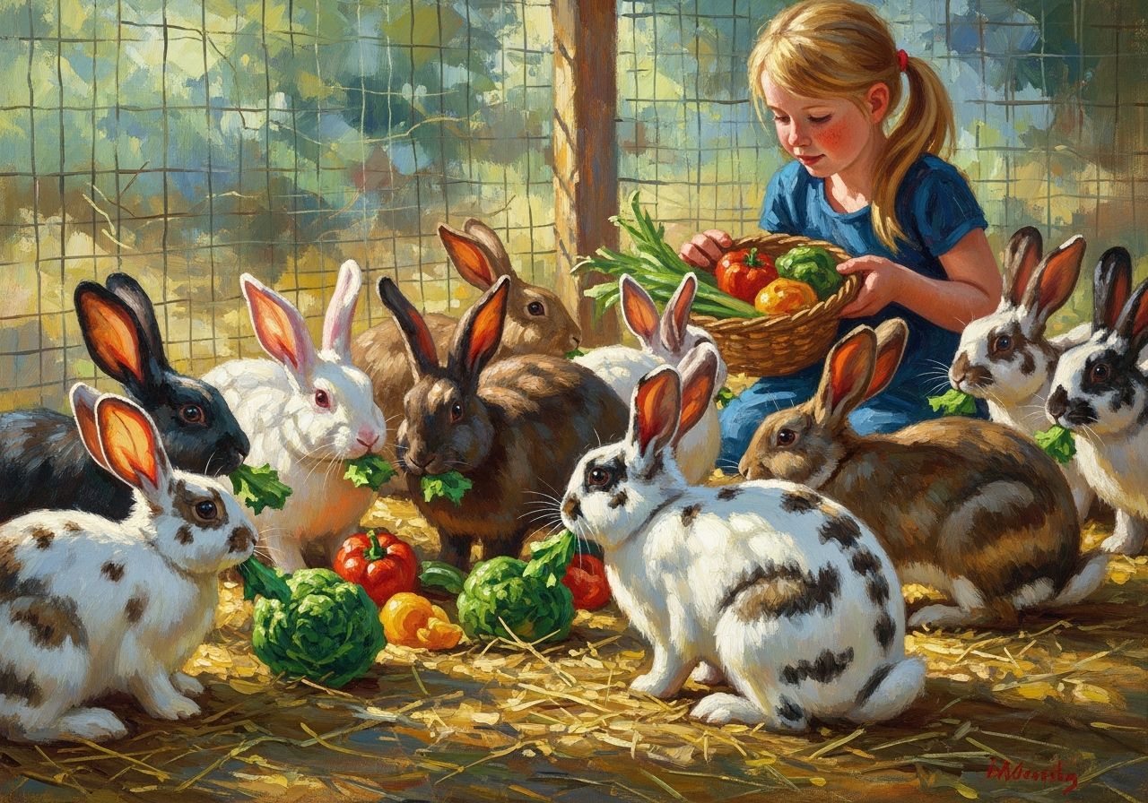 Impressionist Oil Painting of Girl Feeding Rabbits