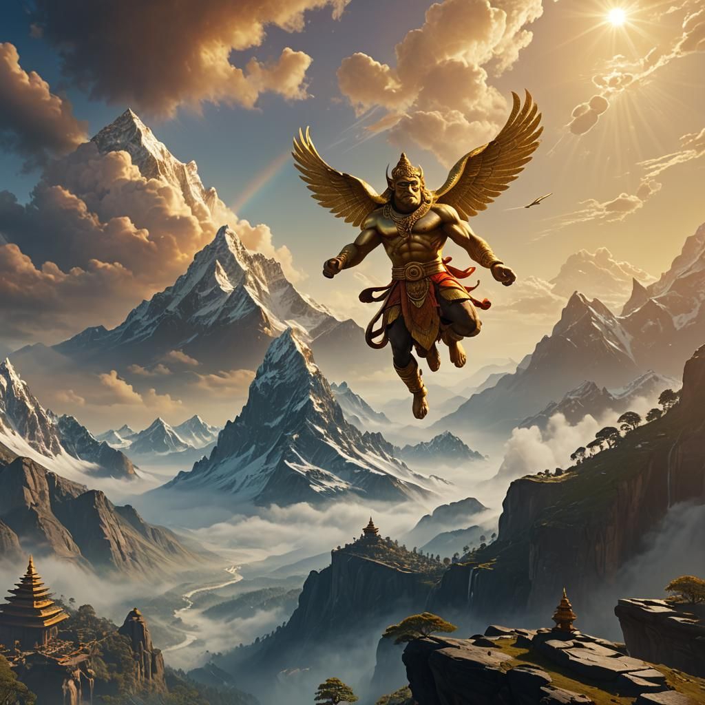 Lord Hanuman Flying with Mountain, Matte Painting