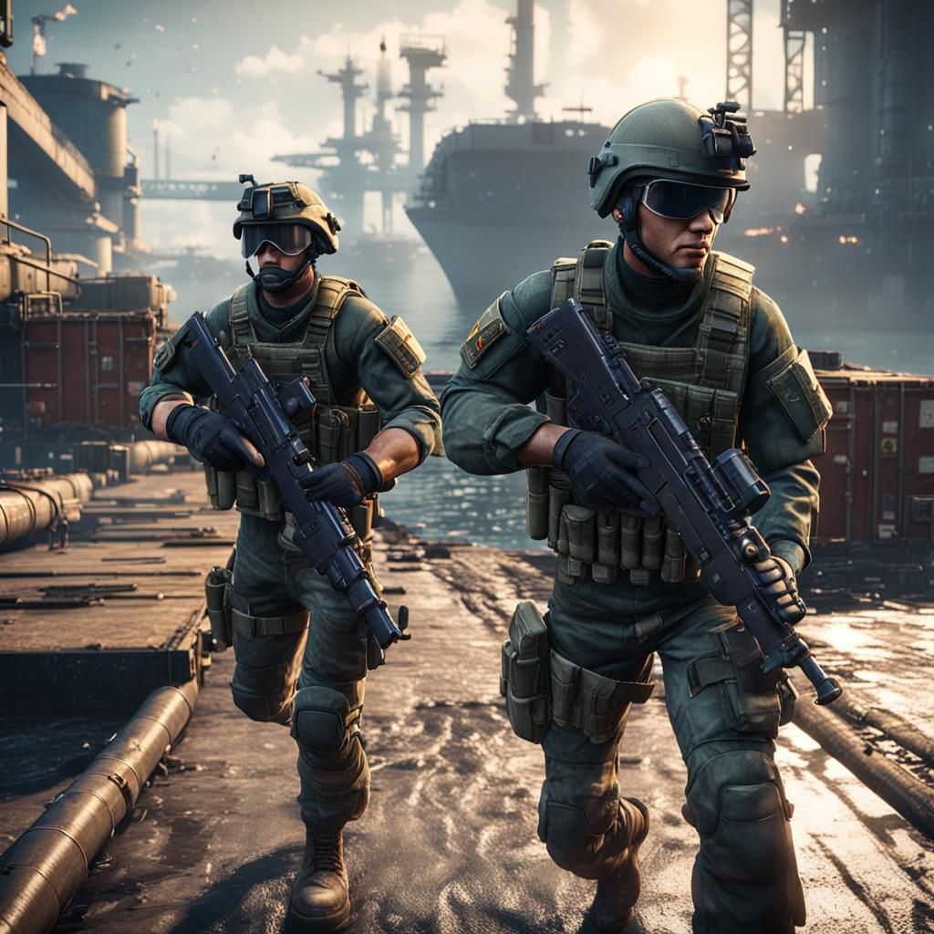 Soldiers Fight in Industrial Port: 3D Game Cinematic