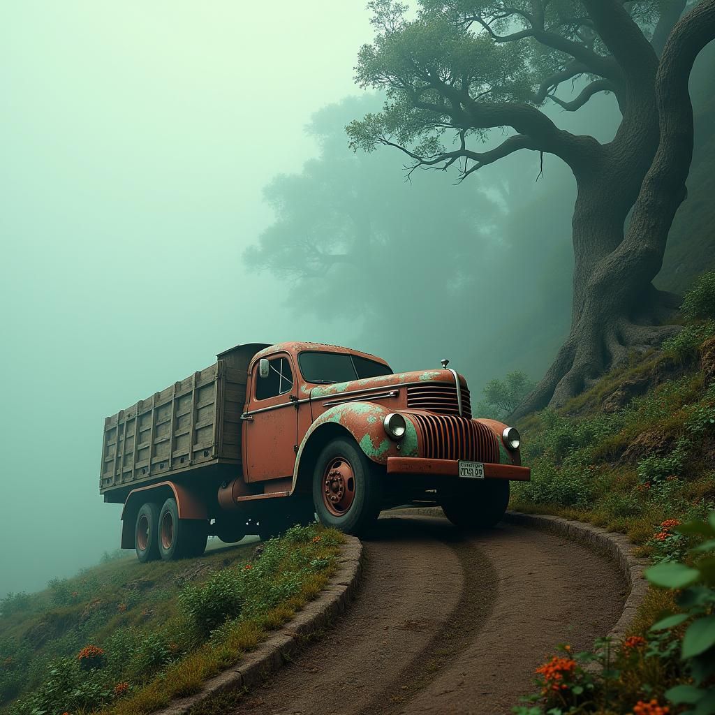 Vintage Truck Climbs Mystical Hill in Fantasy Landscape