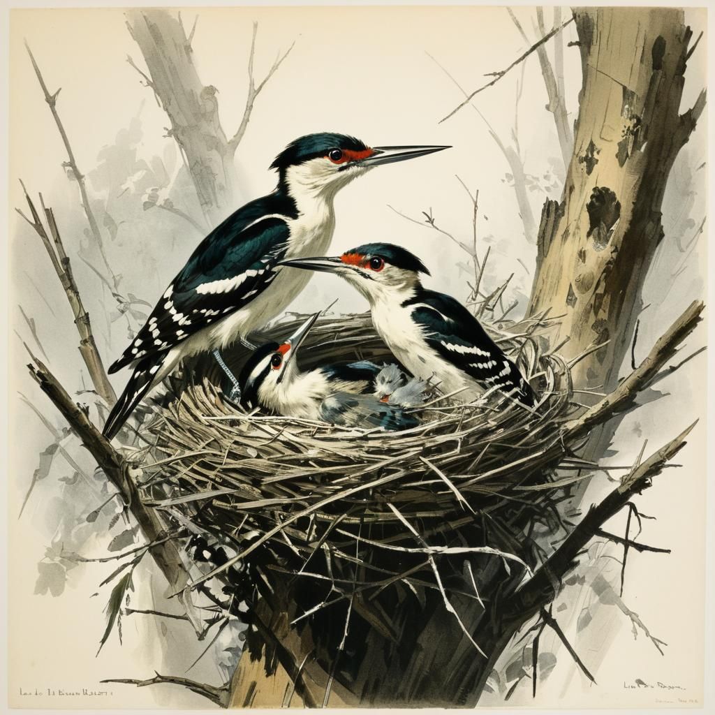 Vintage Illustration of Baby Woodpeckers